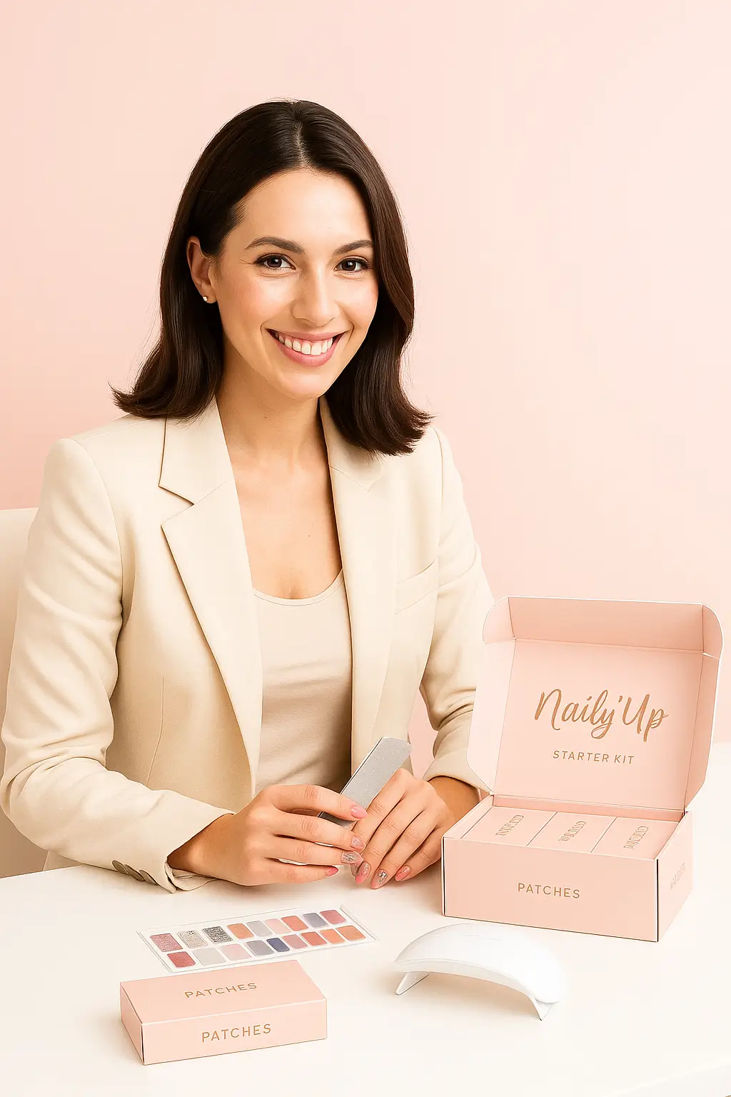 Guide complet pour devenir VDI Naily'Up et réussir, montrant une femme souriante avec son kit de démarrage.