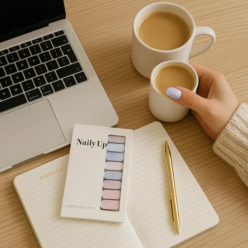 Espace de travail à domicile avec ordinateur et kit Naily'Up, illustrant la liberté de l'activité de mandataire VDI.