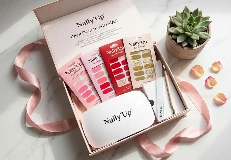 Pack Découverte Naily'Up présenté avec ses boîtes de patchs gel et sa lampe UV offerte, illustrant le kit complet pour débuter.