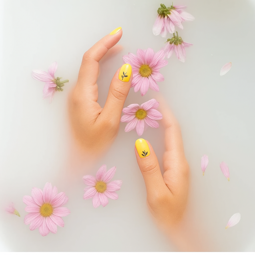 Mains élégantes dans un bain floral avec une manucure Naily'Up, illustrant la douceur et la composition clean sans substances nocives des patchs.